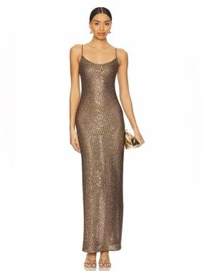 Lovers + Friends Revolve Rossa Brown Gold Sequin Knit Scoop Maxi Dress Medium